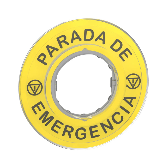 Harmony XB4, Legend, plastic, yellow, Ø90, for emergency stop, marked PARADA DE EMERGENCIA with logo ISO13851