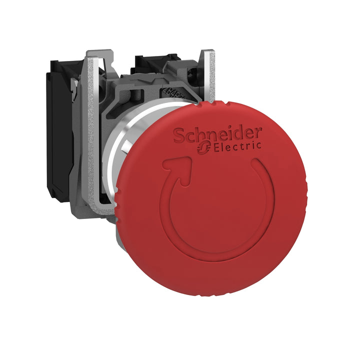 Harmony XB4 - ATEX D, Emergency stop switching off, metal, red mushroom Ø40, Ø22, trigger latching turn to release, 1 NO + 1 NC, ATEX