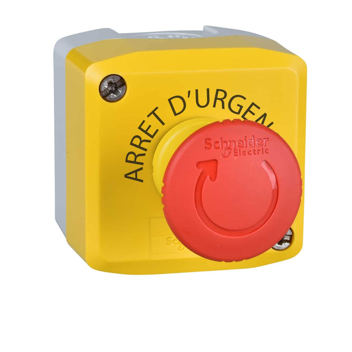 Harmony XALD, XALK, Control station, plastic, yellow, 1 red mushroom head push button Ø40, emergency stop turn to release, 1NO + 1 NC, unmarked