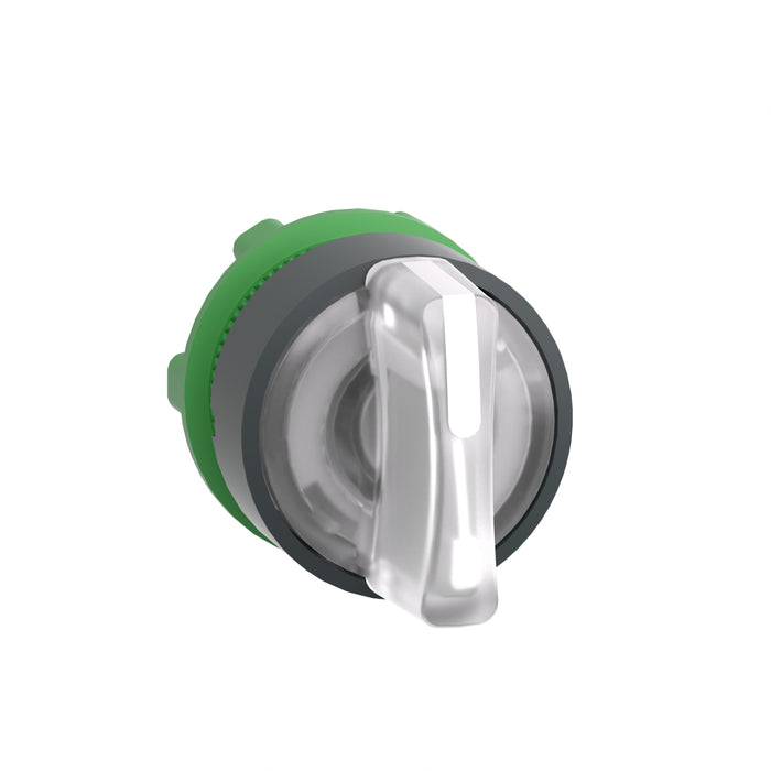 Harmony XB5, Illuminated selector switch head, plastic, white, Ø22, integral LED, 3 positions, spring return to center