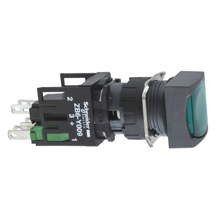 Complete illuminated push button, Harmony XB6, green square flush illum pushbutton Ø 16 spring return 1NO+1NC 12...24 V