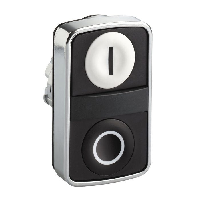 Harmony XB4, Double-headed push button head, metal, Ø22, 1 white flush marked I + 1 black flush marked O
