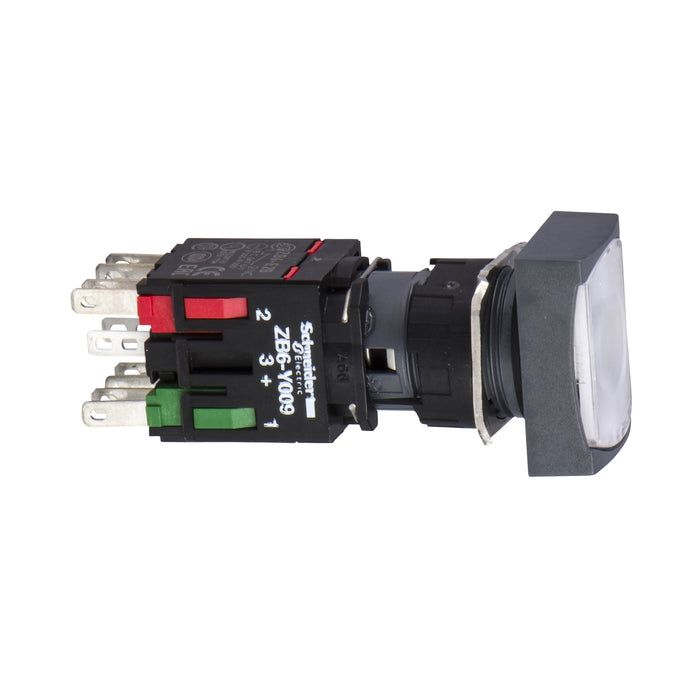 Complete illuminated push button, Harmony XB6, white rectang flush illum pushbutton Ø 16 spring return 1NO+1NC 12...24 V