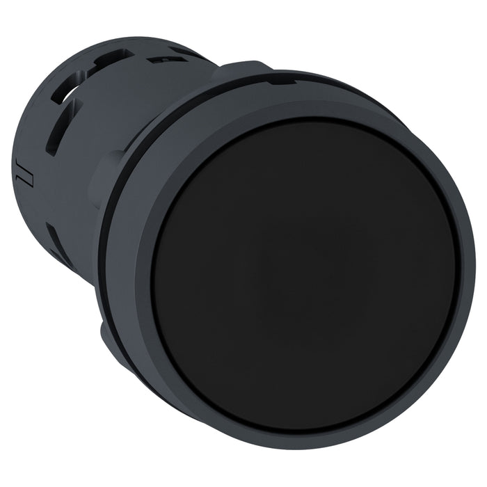 Harmony XB7, Monolithic push button, plastic, black, Ø22, spring return, unmarked, 1 NO + 1 NC