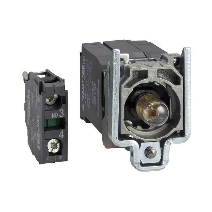 Complete body/contact assembly and light block, Harmony XB4, with body/fixing collar with BA9s incandesc. bulb 400 V 1 NO