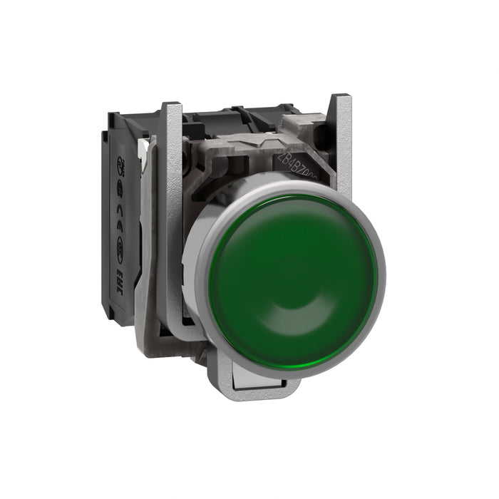 Harmony XB4, Illuminated push button, metal, flush, green, Ø22, spring return, 110...120 V AC, 1 NO + 1 NC