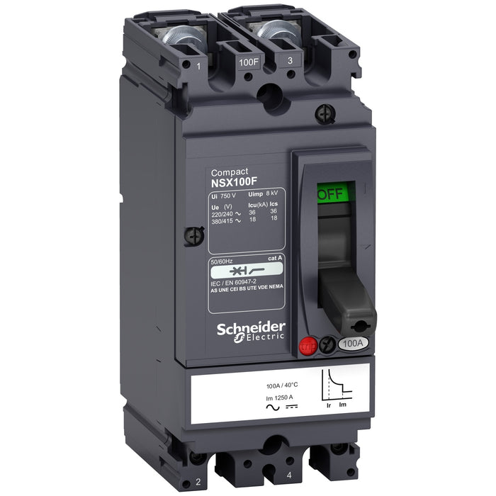 circuit breaker ComPact NSX100F AC/DC, 18 kA at 415 VAC, TMD trip unit 50 A, 2 poles 2d